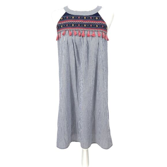 THML Womens Dress XS Blue White Stripe Boho Embroidered Sleeveless Cotton Tassel - Picture 1 of 12